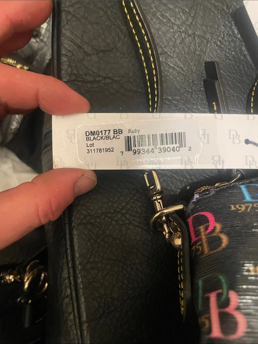 Dooney & Bourke Black Satchel with Multicolor DB Logo Print